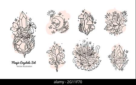 Magic crystals with flowers set. Line art hand drawn doodle elements with quartz crystals and flowers. Elegance and aesthetic floral design icons isol Stock Vector