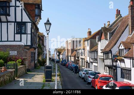 Old timber framed historic houses along all Saints Street, in Hastings Old Town, East Sussex, South East England Stock Photo