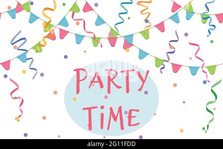 Party Time sign on serpentine background with confetti and flags, cheerful wallpaper, decoration vector illustration Stock Vector