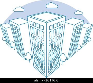 City view with high buildings, clouds, trees, landscape with street blocks, modern residential and tenement houses, linear outline style, vector urban Stock Vector