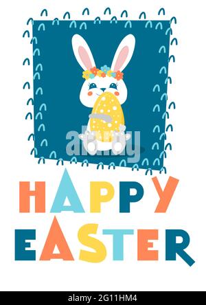 Easter poster and banner template with easter bunny. Greetings and presents for Easter Day in flat lay styling. Promotion and shopping template. Stock Vector