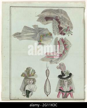 Magasin des Modes Nouvelles �������ç������es et Anglaises, 11 Décembre 1788, 4th Année, 2nd Cahier, PL. 1.2. Three hats: 1) 'and Néglig' of white mesh with pink and red-brown ribbons. 2) The same hat with 'Papillons doubles'. 3) Cap in the form of a turned pyramid with flowers of flowers. Two women's busts: hat of white satin with garlands of flowers (left). 'Toquet' of black satin with white feathers (right). The print is part of the 2nd Cahier, 4th Année, from the Magasin des Modes Nouvelles �������ç������es et anglaises series. The series consists of 172 fashion prints, published by Buisson, Paris, Nov Stock Photo