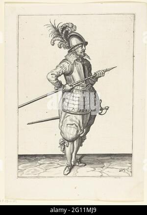 Soldier who wears his skewer with both hands at his right-hand side, the tip aimed up and near his stomach; Arms handhe van Roers Musquettes and the Splies. A soldier, for the right, to the right, who carries his skewer (lance) with both hands at his right-hand side, pointed up the tip and close to his belly. This print is part of the range of 32 numbered prints of skewers from the arms. Stock Photo