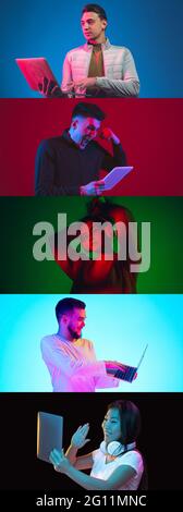 Portraits of young people with devices and gadgets isolated on multicolored background in neon light, collage. Vertical flyer Stock Photo