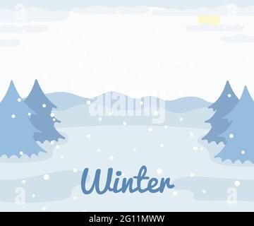 Winter landscape with spruce trees and snow, winter outdoor view, flat countryside nature illustration Stock Vector