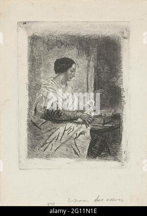 Seamstress and violin player. A woman is sitting on a bench and used needle and thread to adjust a sheet. An old man plays a violin in the doorway behind her. Stock Photo