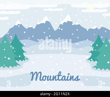 Winter mountains landscape with spruce trees and snow, winter outdoor view, countryside nature illustration, vector Stock Vector