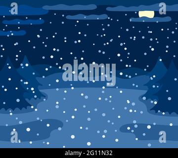 Snowy winter landscape at night, winter outdoor view with spruce trees, moon and snow, countryside night nature illustration, vector Stock Vector