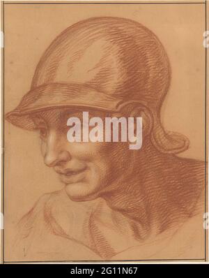 Study of a mans head with helmet, three-quarters, to the left. Stock Photo