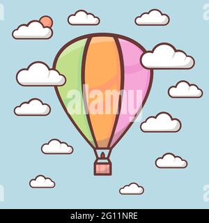 Cute air balloon with outline in sky with clouds, children illustration. Vector art Stock Vector