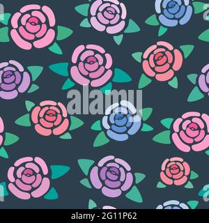 Seamless pattern with roses on dark background, nice and simple stylized flowers, vector wallpaper, illustration Stock Vector