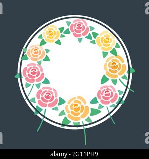 Red and yellow roses round frame, place for text from rose blossoms, flowers bounding box, floral border, vector illustration Stock Vector