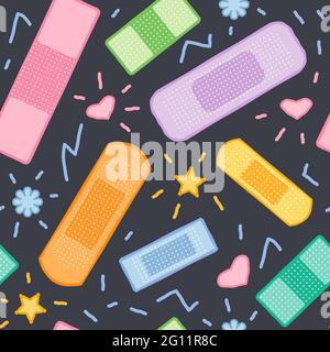 Seamless pattern with colorful medical plasters on dark background, nice band aid ornament, funny kid wallpaper, vector background Stock Vector