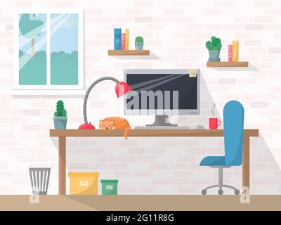 Work place in flat style, computer on working table with chair, lamp, mug, shelves with books and cactuses, cabinet interior with window, sleeping cat Stock Vector