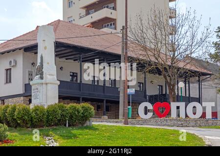 Sopot, Serbia - April 13, 2020: Monument Landmark and 3d Letters at Town Square in Sopot, Serbia. Stock Photo