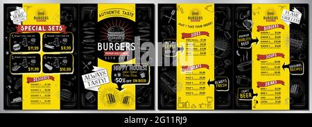 Burger bar menu template - A3 to A4 size (sides, wraps, burgers, soups, drinks, sets) - vector illustration Stock Vector