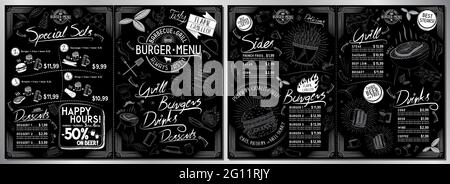 Burger bar menu template - A3 to A4 size (sides, burgers, grill, drinks, sets) - vector illustration Stock Vector