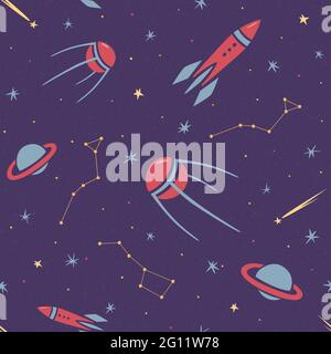 Seamless space pattern for kids with stars, rocket, constellation, satellite, comets and planets in cartoon style, children background, purple vector Stock Vector