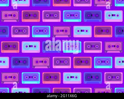 Cassette tapes seamless pattern. Music cassettes for music tape recorders of the 70s - 90s. Design for promotional items, banners and wrapping paper. Stock Vector