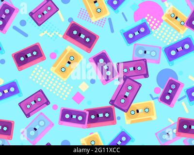 Seamless pattern with audio cassettes with geometric shapes in the style of the 80s. Music cassettes for music tape recorders. Vector illustration Stock Vector