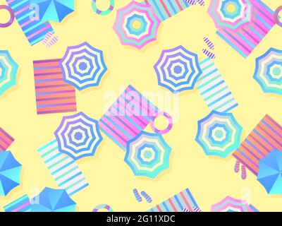 Beach with umbrellas and beach towels. Seamless beach, top view. Gradient colors. Beach vacation. Summer design for promotional items, banners and wra Stock Vector