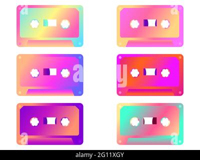 Gradient music cassette. Retro audio cassettes isolated on white background. 70s - 90s style icons set. Vector illustration Stock Vector