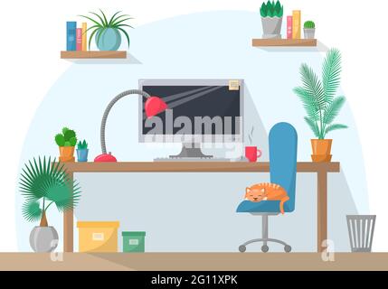 Working place illustration in flat style, computer on work table with chair, lamp, mug, shelves with books, home plants cactuses, sleeping cat at work Stock Vector