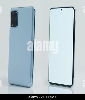 Modern blue smartphone with set of camera isolated on white background Stock Photo