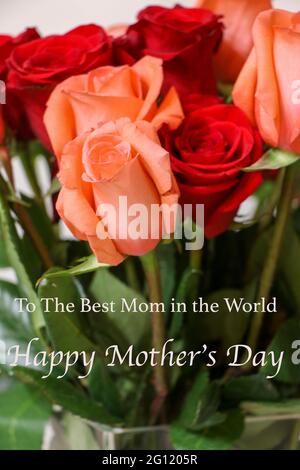 A Close up of A Bunch of Roses and To The Best Mom In The image Stock Photo