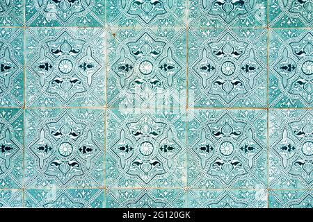 Portuguese tiles called azulejos on the wall of old typical building Stock Photo