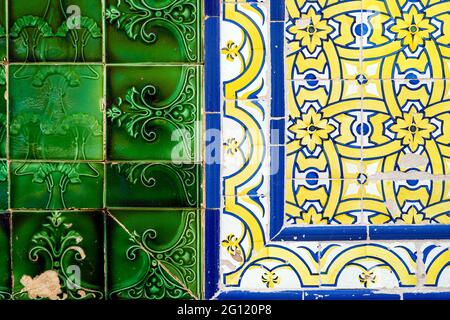 Close up of two types of typical Portuguese tiles called azulejo, Olhao, Algarve Stock Photo