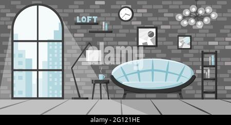 Modern living room in flat style, loft interior concept, apartment in city with big window and brick wall. Vector illustration of home with sofa, lamp Stock Vector