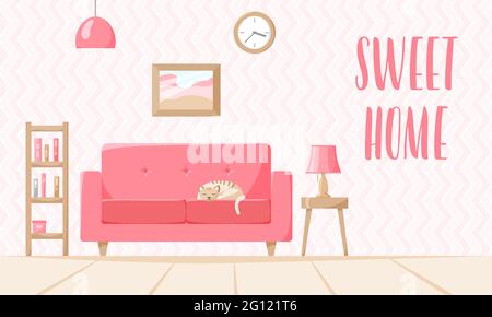 Living room in retro style, flat home illustration with sofa, lamps, books on shelf, clock, sleeping cat. Sweet home sign. Cozy interior concept, vect Stock Vector
