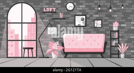 Modern living room in flat style, loft interior concept, city apartment with big window and brick wall. Vector illustration of home with sofa, lamp, b Stock Vector