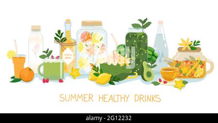 Summer healthy drinks set. Vector beverage banner. Elements collection isolated on white. For detox, vegan, vegetarian, keto diet. Herbal tea, green s Stock Vector