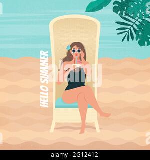 Retro poster with beautiful woman resting on the beach, sitting on the old sunbed and drinks cocktail. Vector illustration, flat style Stock Vector