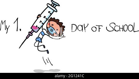 Schoolboy with a syringe for vaccination - Destruction of the Coronavirus - Mandatory Vaccination of school children - Vector illustration. Stock Vector