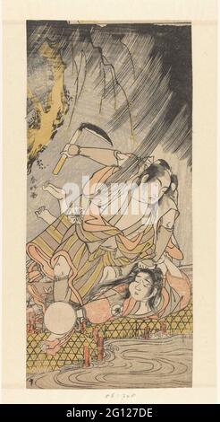 Actors Matsumoto Koshiro IV and Iwai Hanshiro IV as Yoemon and Kasane. Yoemon with sickle in the right hand, his wife Kasane pushing the ground to kill her. Stock Photo