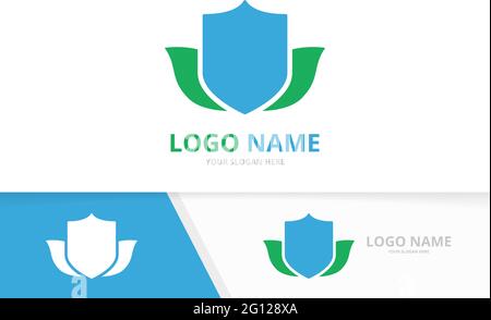 Vector shield and leaves logo combination. Eco security logotype design template. Stock Vector