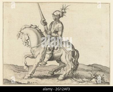 Spear rider with closed visor; The equestrian school. A heductible man on horseback, moving to the left, with closed visor and with a spear or lance upright in the right hand (a trailer). This print is part of a series of 22 numbered prints: a title print, 20 prints on which one or a few different types of (most hearted) riders are shown, and a print with an equestrian fight. Stock Photo