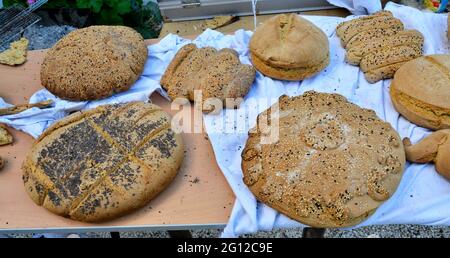 A selection of traditional handmade Cypriot breads from the stone oven Stock Photo