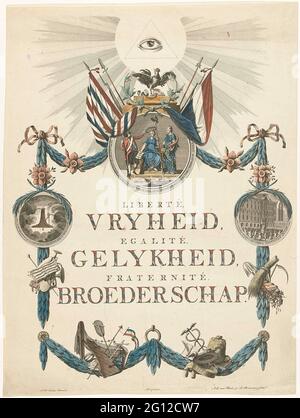 Memorial plaque for the Batavian Republic foundation on January 19, 1795; Liberté Vryheid, Egalité Gelkheid, Fraternite Brotherhood. Memorial plaque with text and an ornamental picture frame with three medallions. Above: the personification of freedom is raised by a French soldier. On the right a medallion with setting up the freedom tree in Amsterdam, links a medallion with a passer and a measuring instrument. In the frame, symbols for the fine arts, sea shipping, trade and agriculture are. Stock Photo