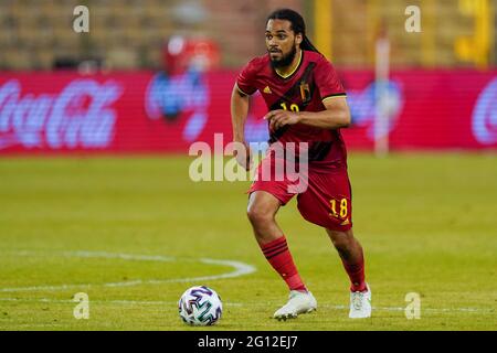 BRUSSEL, BELGIUM - JUNE 3: Jason Denayer of Belgium controlls the ball during the International Friendly match between Belgium and Greece at King Baud Stock Photo