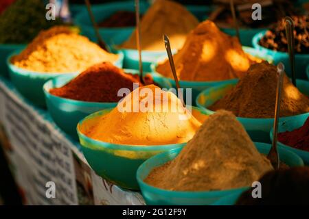 Close View Of Masala Curry, Bright Colors Fragrant Seasoning, Condiment In Tray On Local Food Market, Bazaar.