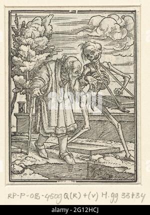 Old man and death; Dance dance. A crooked old man with a walking stick is meant by death and stands on the edge of an open grave. Death bears a musical instrument. The text IOB XXII is located in the margin above the print. Stock Photo