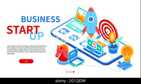 Business start up - modern colorful isometric web banner with copy space for text. Management, launching new project idea. Chess knight, laptop, rocke Stock Vector