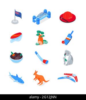 Australian symbols - modern colorful isometric icons set. Culture and traditions of Australia. Kangaroo, koala, boomerang, Sydney Harbour Bridge, boab Stock Vector