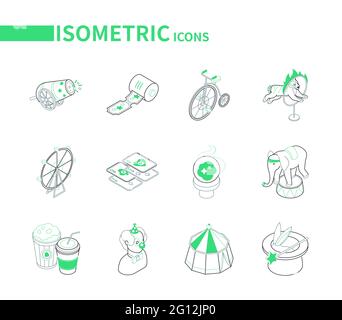 Amusement park - modern line isometric icons set. Entertainment and funfair idea. Tickets, tiger jumping through flaming hoop, playing cards, crystal Stock Vector