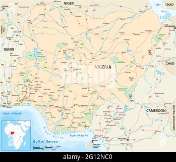 Vector road map of the West African state of Nigeria Stock Vector