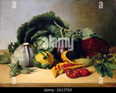 Still Life: Balsam Apple and Vegetables by James Peale (1749-1831), oil on canvas, c. 1820 Stock Photo